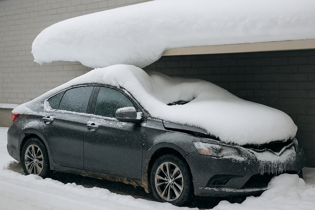 Ilustracja zimowej szkody samochodu (wgnieciony dach)


