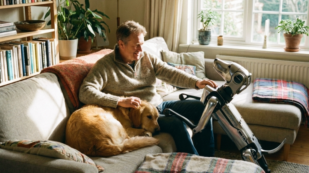 scena domowa, psi robot i zwykły pies oraz ich właściciel
