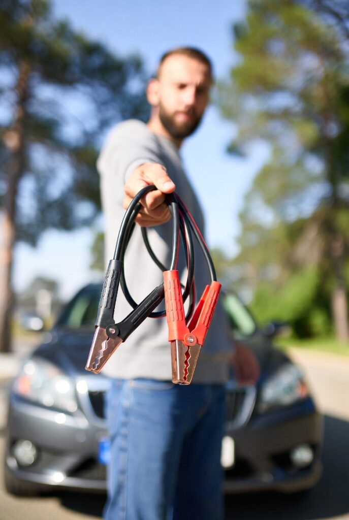 ilustracja osoby trzymającej kable rozruchowe do akumulatora