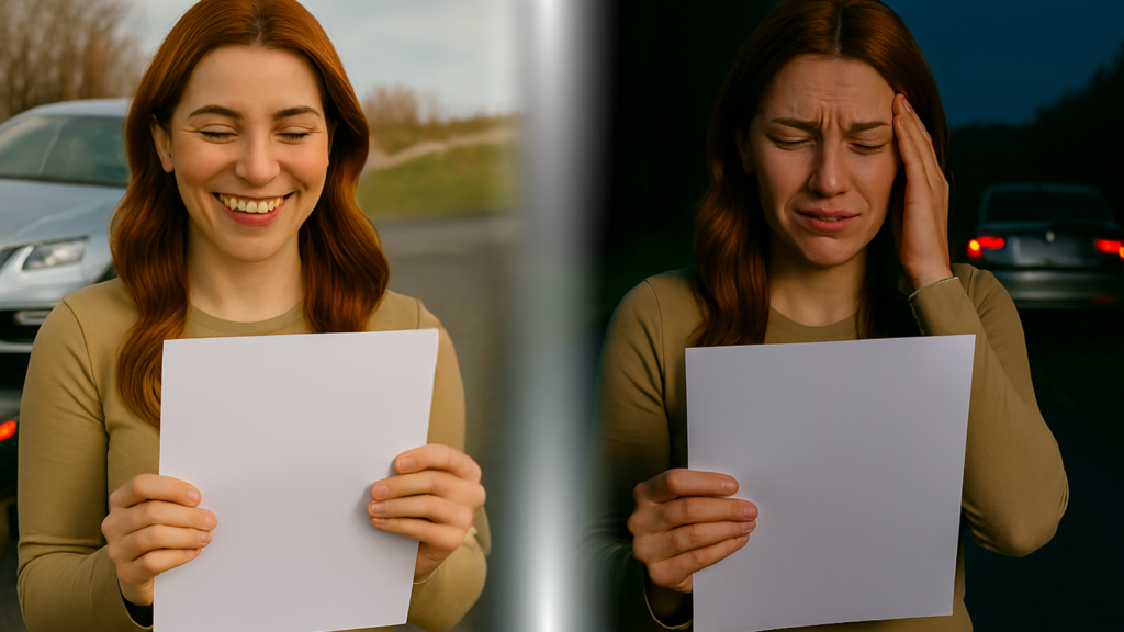 historia obrazkowa w przypadku posiadania dobrego i słabego ubezpieczenia auta