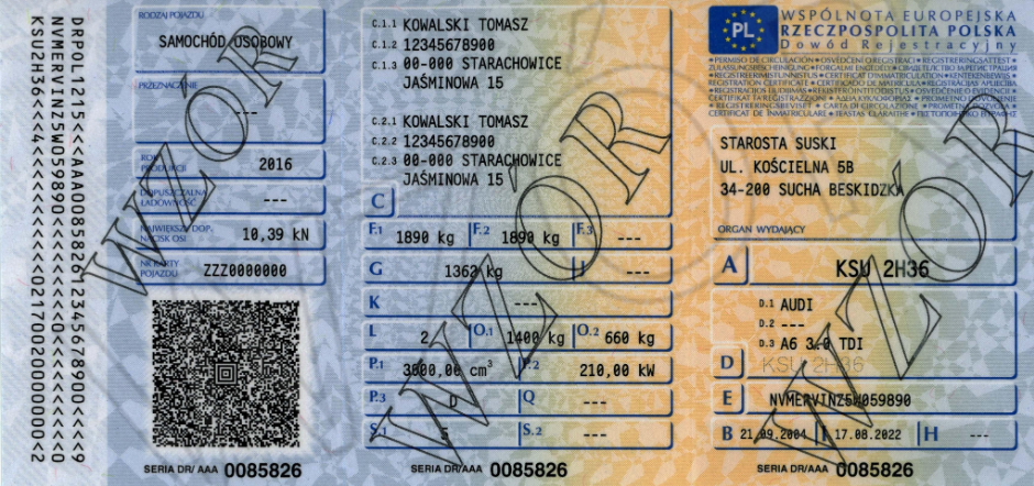 dowód rejestracyjny wzór