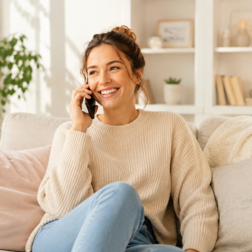 Uśmiechnięta klientka rozmawia z doradcą Teleporównywarki przez telefon